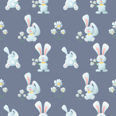 Seamless vector pattern. Cute rabbit with chamomile. Bunny cartoon style 