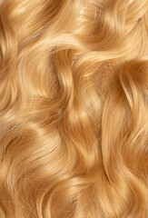 Blond hair close-up as a background. Women's long blonde hair. Beautifully styled wavy shiny curls. Hair coloring. Hairdressing procedures, extension.