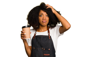 Young african american woman barista holding a takeaway coffee being shocked, she has remembered important meeting.