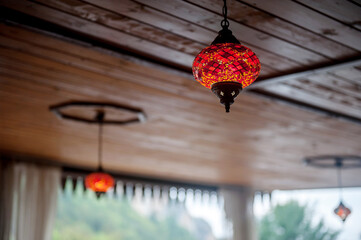 Antique red glass mosaic lamp handmade on the ceiling