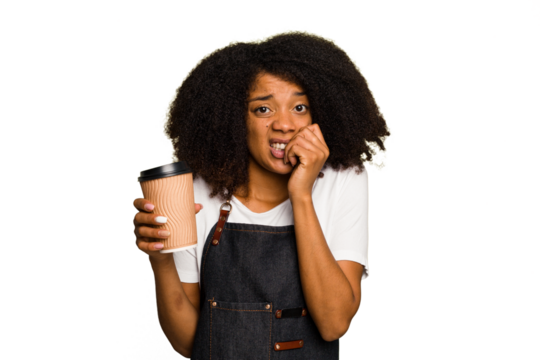 Young african american woman barista holding a takeaway coffee biting fingernails, nervous and very anxious.