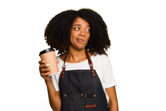Young african american woman barista holding a takeaway coffee confused, feels doubtful and unsure.
