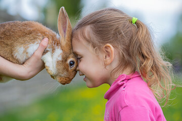 A little girl presses her nose to a red rabbit and smiles