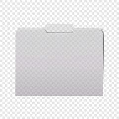 Clear tabbed plastic file folder on transparent background realistic vector mockup. PVC folder with center cut tab mock-up