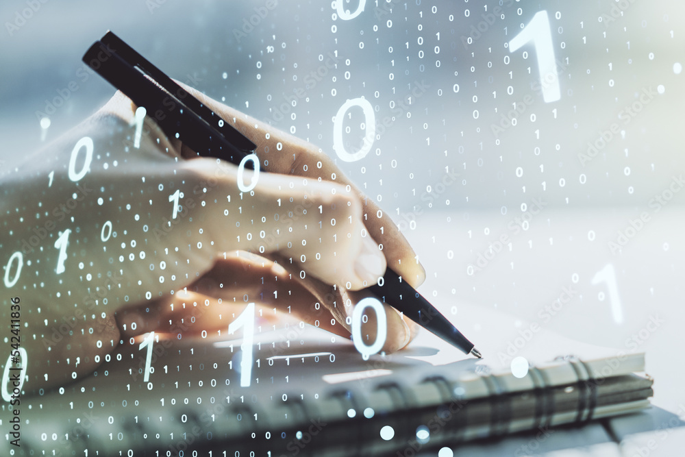 Leinwandbilder creative concept of binary code illustration and woman hand writing in notebook on background. big d