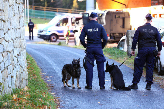 Policjant przewodnik psa podczas pościgu za przestępcą. 