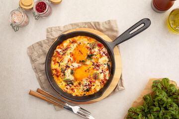 Pan of cooked shakshuka middle eastern dish