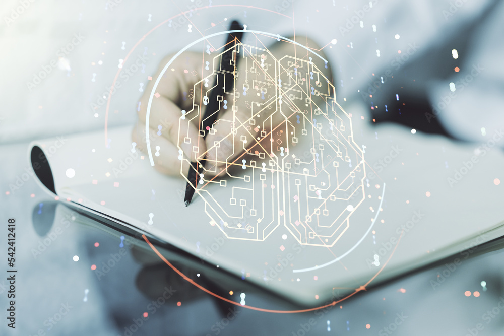 Poster double exposure of creative human brain microcircuit with man hand writing in notepad on background.