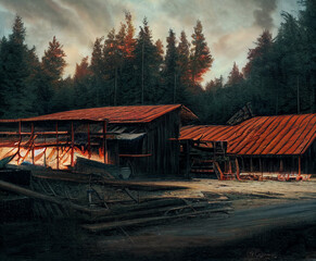 Sawmill building. Woodworking by the classical method