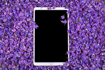 tablet in purple lupin colors copy space