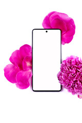 The phone is in pink flowers and peony petals on a white background. Mock-up