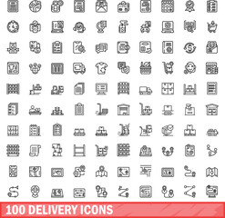 100 delivery icons set. Outline illustration of 100 delivery icons vector set isolated on white background