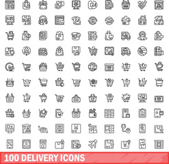 Fototapeta premium 100 delivery icons set. Outline illustration of 100 delivery icons vector set isolated on white background