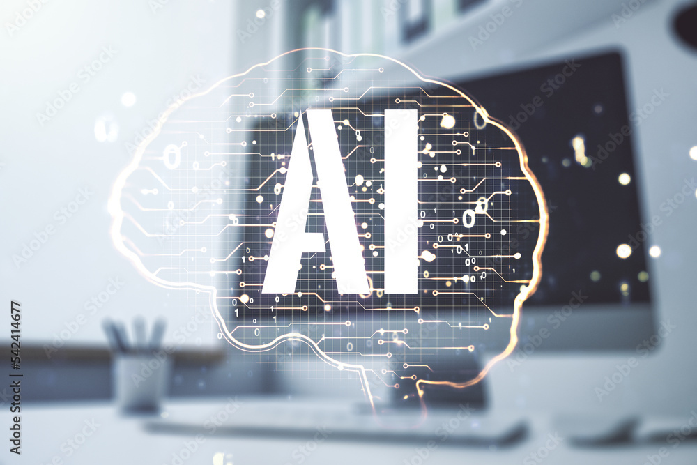 Poster double exposure of creative artificial intelligence symbol and modern desktop with laptop on backgro