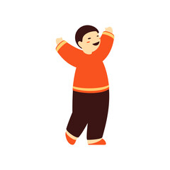 Asian Chinese Japanese overjoyed boy celebrate holiday in ethnic national costume vector flat