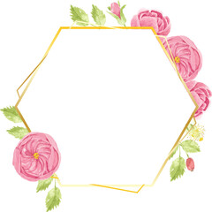 watercolor hand draw pink english rose flower bouquet wreath with geometric golden frame