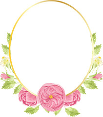 watercolor hand draw pink english rose flower bouquet wreath with geometric golden frame