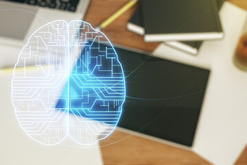Double exposure of creative human brain microcircuit and modern digital tablet on background. Future technology and AI concept