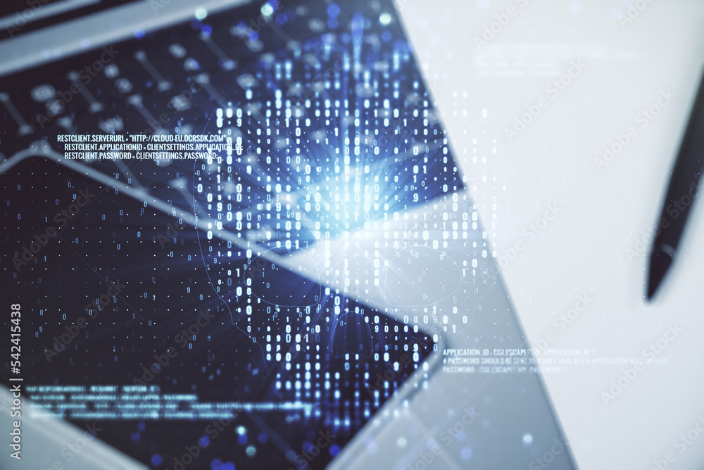 Poster creative concept of code skull illustration on modern laptop background. hacking and phishing concep