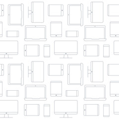 Seamless pattern of devices. Line modern background with cellphones, tablet, laptop and monitor