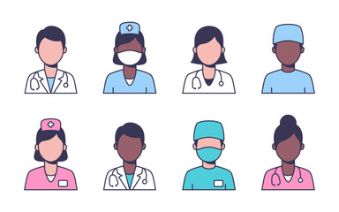 A set of icons of doctors in different uniforms. Flat with line style vector icons