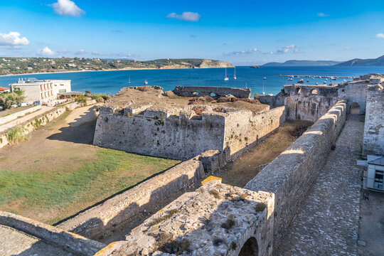Venetian bastions with gun ports protecting the entrance to Methoni castle, medieval trading post in Southern Greece