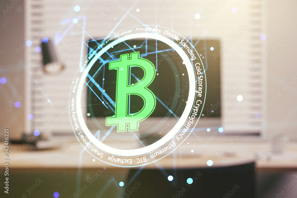 Poster creative bitcoin concept with modern computer background. double exposure
