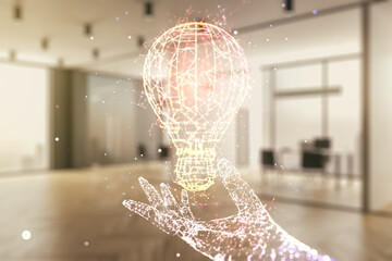 Virtual Idea concept with light bulb illustration on a modern furnished office background. Multiexposure