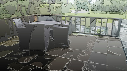 chairs and table in a garden - obrazy, fototapety, plakaty
