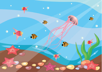 Fototapeta na wymiar cute seabed with jellyfish, starfish and colorful stones-vector illustration, eps