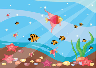 Plakat Seabed with fish, algae, starfish and pebbles - vector illustration, eps