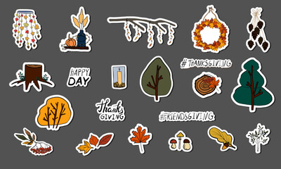set of stickers with autumn decorations: leaves, trees, mushrooms, wreaths, cones, plants, herbs. Handwritten Thanksgiving stickers