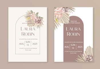 Wedding dried lunaria, rose, pampas grass floral vector card. Watercolor Exotic dried flowers, palm leaves boho invitation template. Save the Date foliage cover, modern poster, trendy design. © ku4erashka