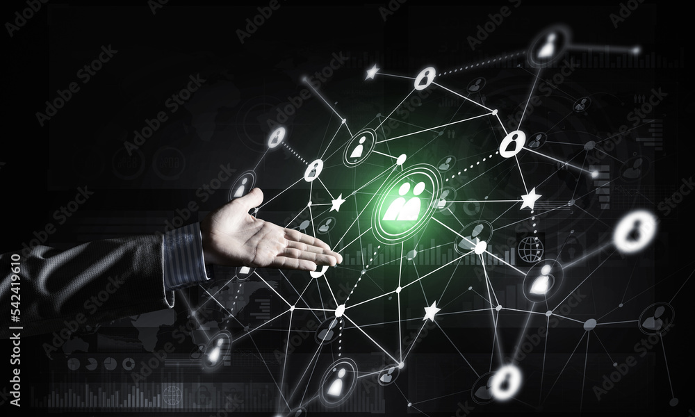 Poster presenting modern wireless technologies as means of communucation and networking on dark background
