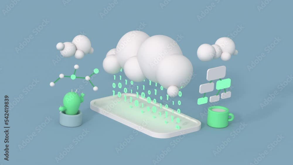Poster connection between mobile phone and cloud data center. minimal cartoon style 3d render animation
