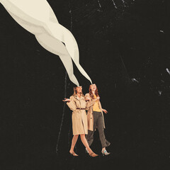 Contemporary art collage. Creative design in retro style. Beautiful stylish women walking together...