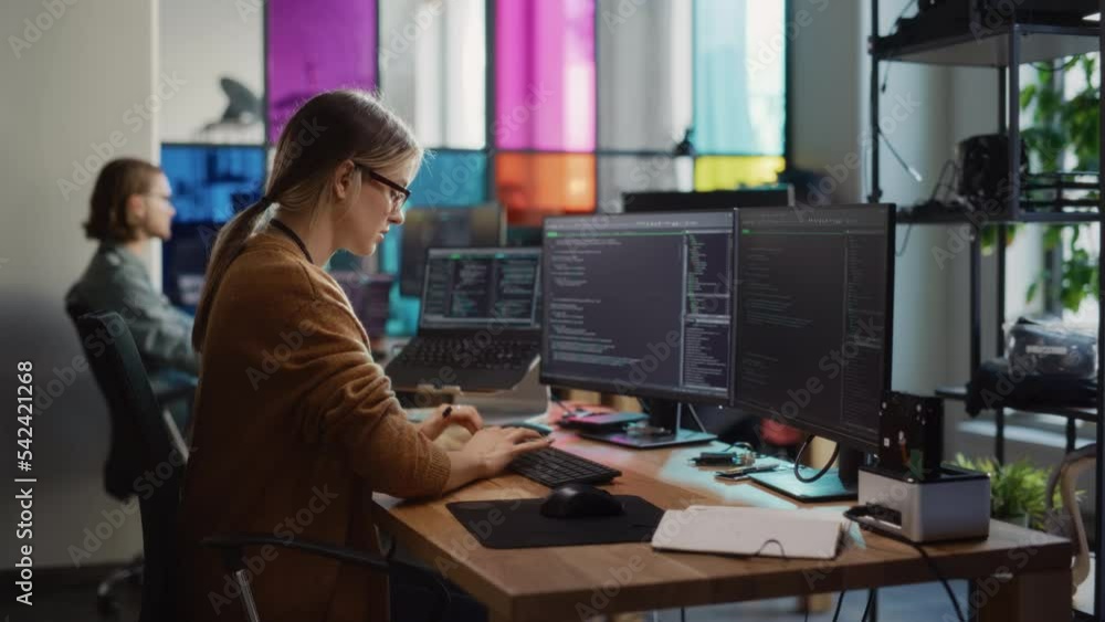 Aufkleber Professional Female Backend Software Developer Coding on Desktop Computer With Two Displays in Creative Office.Caucasian Woman Creating User Data Base for New Social Network Website or Online Store.