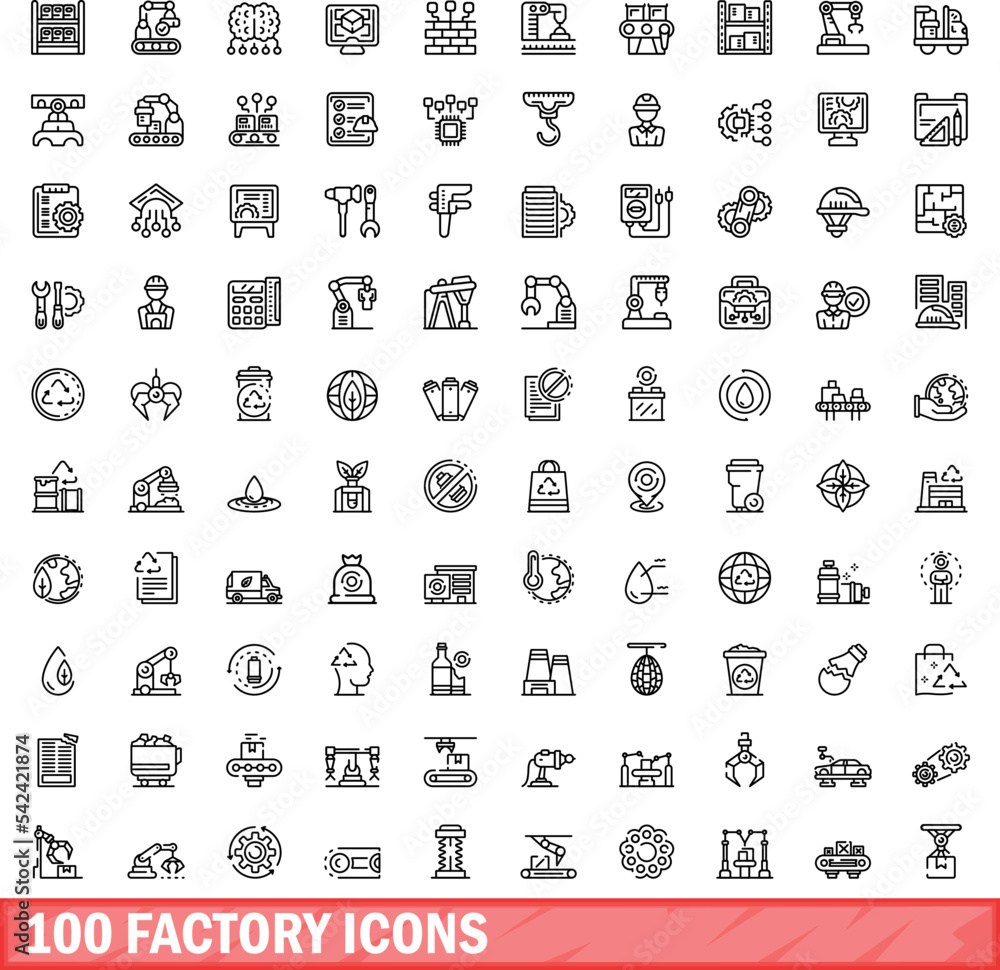 Poster 100 factory icons set. outline illustration of 100 factory icons vector set isolated on white backgr