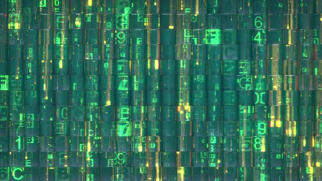 Digital hex code. Secure data transfer and storage concept. Abstract seamless loop motion background. 3D render animation