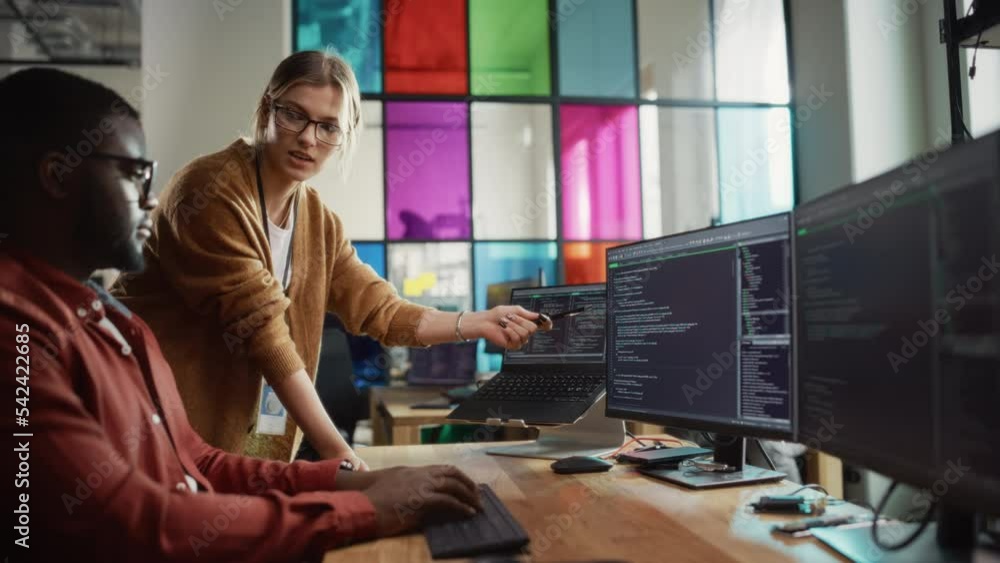 Poster Black Programmer Shows Code On Desktop Computer to Female Start-Up Founder in Creative Office Space. African Man And Caucasian Woman Discussing New Software Features For Mobile Application.