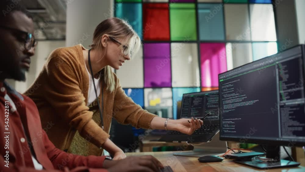 Leinwandbilder female team lead gives advice to black junior developer, pointing at desktop computer display in cre