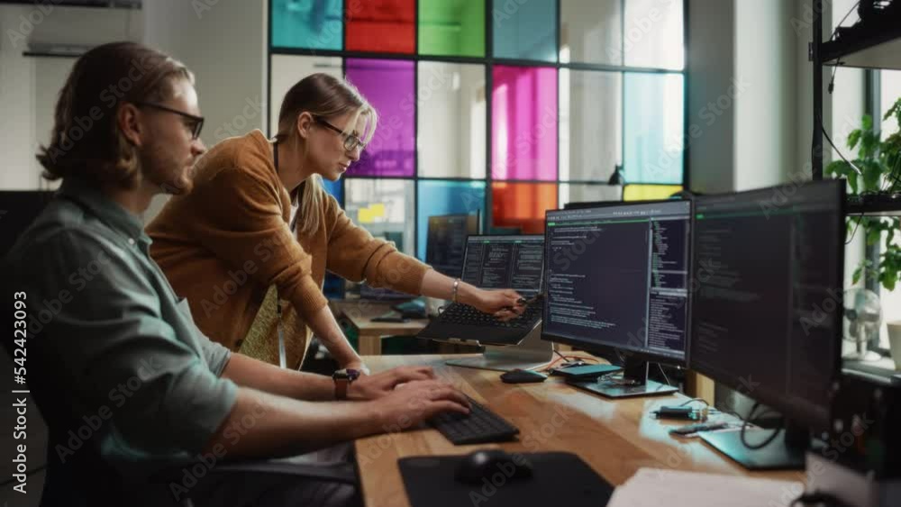 Leinwandbilder Male Data Scientist and Female Developer Working With Errors in Code on Desktop Computer in Creative Office. Caucasian Man and Woman Succesfully Fixed a Software Bug And High Five Each Other.