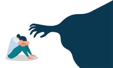 vector illustration, a woman cowering in fear with a hand silhouette, as a banner or poster, International Day for the Elimination of Violence against women. - obrazy, fototapety, plakaty