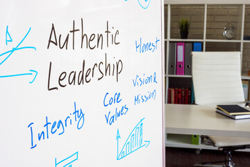 Marks about authentic leadership on the whiteboard. - obrazy, fototapety, plakaty