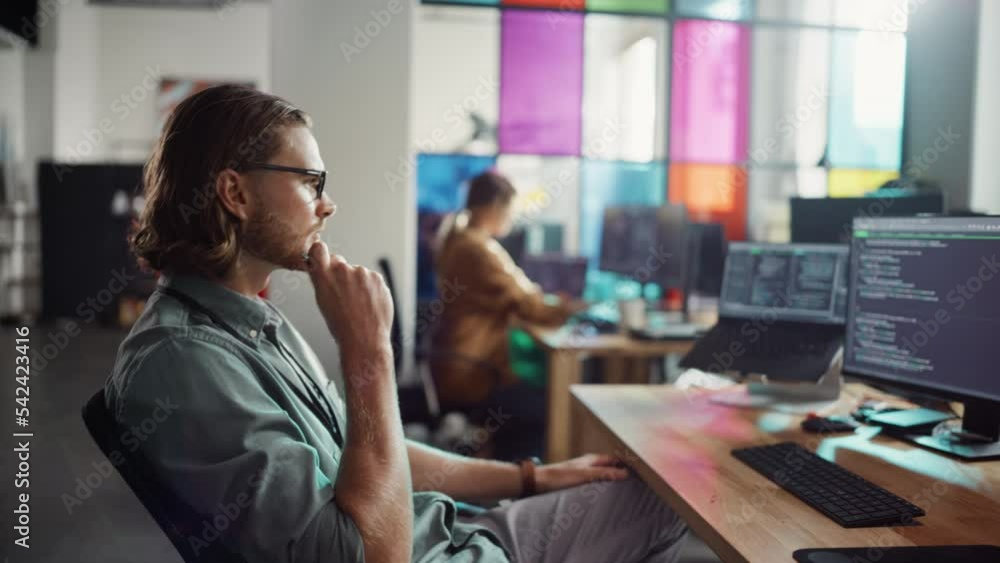 Poster Professional Male Programmer Writing Code on Desktop Computer With Multiple Displays Setup in Stylish Office. Caucasian Man Does Data Scraping For Artificial Intelligence Innovative Start-Up.