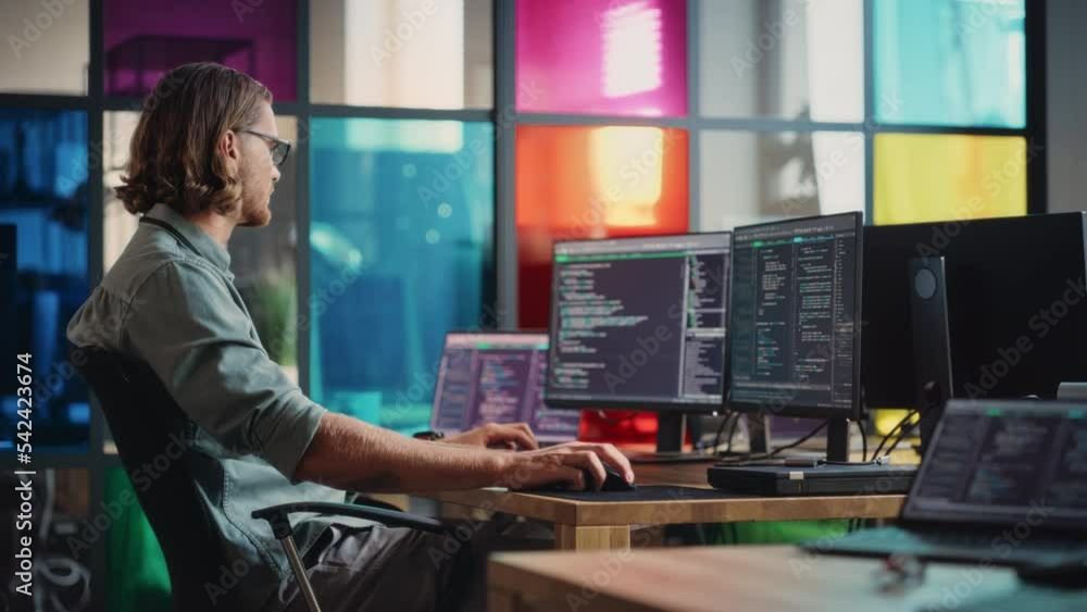 Leinwandbilder Diverse Team of Programmers Coding on Desktop Computer With Multiple Monitors in Creative Office. Caucasian and Black Men Creating Innovative Mobile Application. Female Project Manager Passing By.