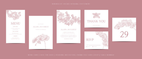Fototapeta na wymiar Collection of template wedding stationery with minimalist hand drawn orchid flower