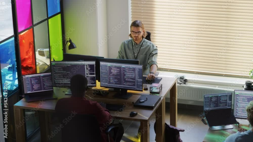 Leinwandbilder Diverse Colleagues Writing Code on Desktop Computers With Professional Multiple Monitors Setup. Software Development Department Working on Software as a Service Platform For Business Clients.