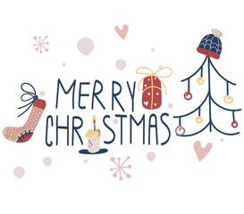 Fototapeta na wymiar new year set of merry christmas illustrations, snowman and fir tree