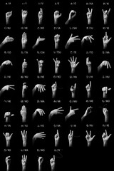 Hands demonstrating Japanese sign language fingerspelling full alphabet with text